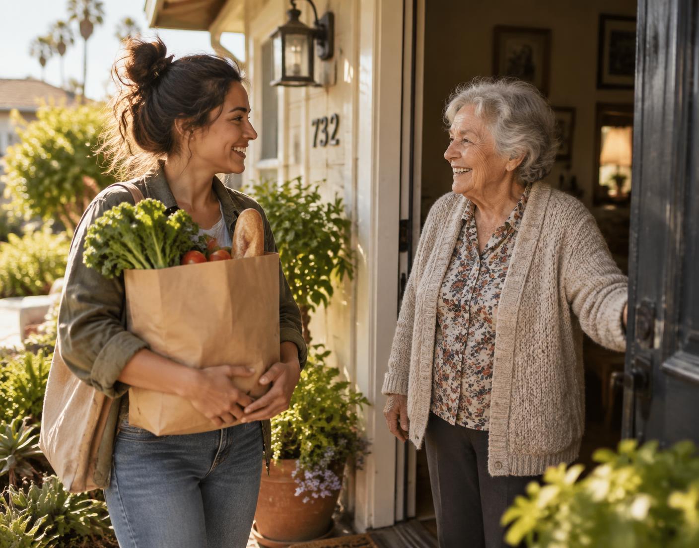 A helper carrying groceries to an older woman's front door